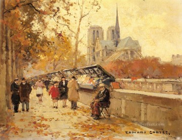 パリ Painting - パリのノートルダム大聖堂を望むセーヌ川沿いの EC 書店